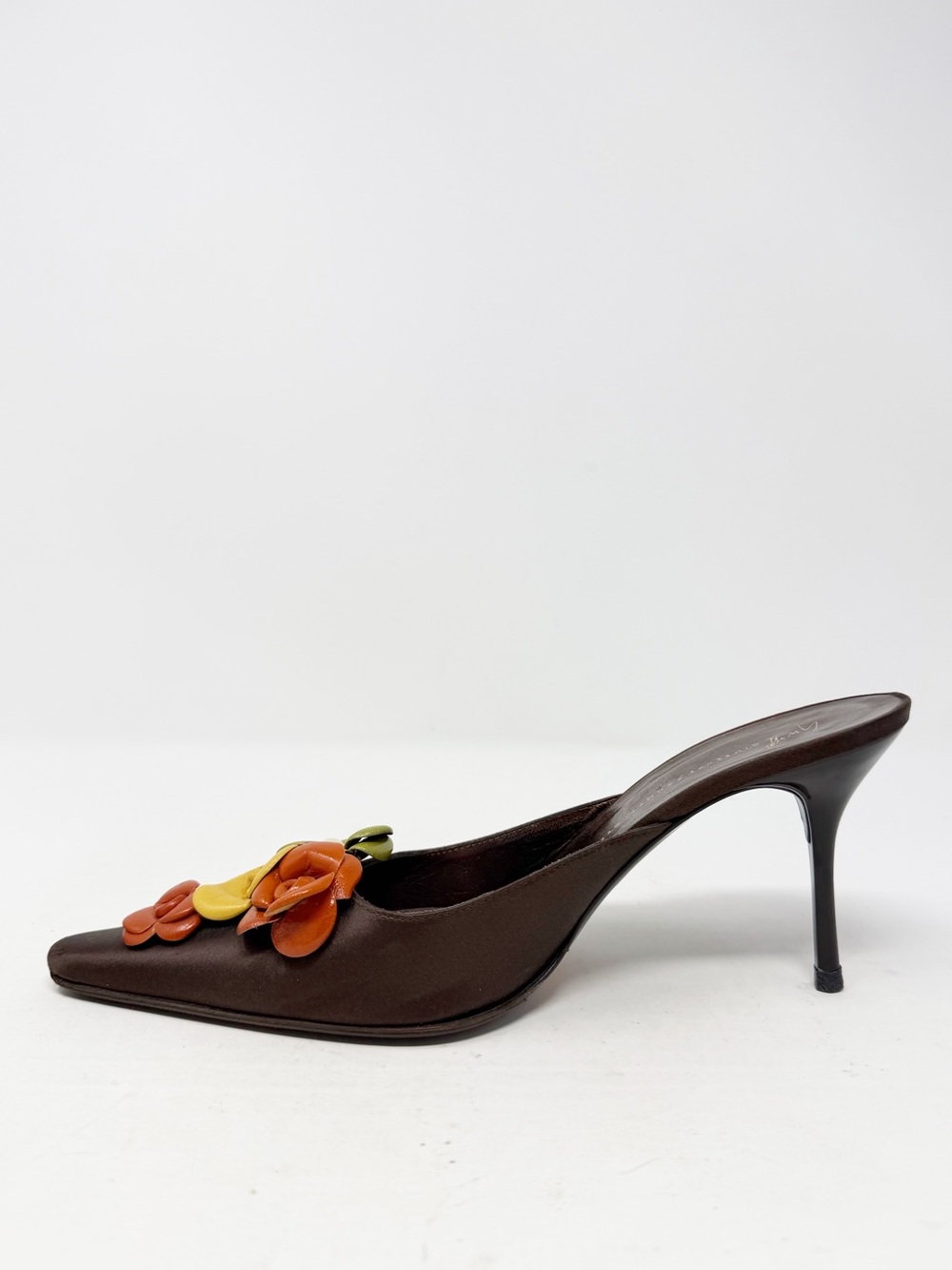 Giuseppe Zanotti Floral Mule Heels Brown Satin Pointed Toe Womens Size EU 39 - Picture 6 of 10